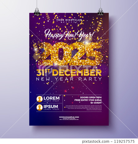 Happy New Year 2025 Party Celebration Poster Template Illustration with Glittered Number on Falling Confetti Background. Vector New Year Eve and Christmas Holiday Flyer Design with Typography 119257575
