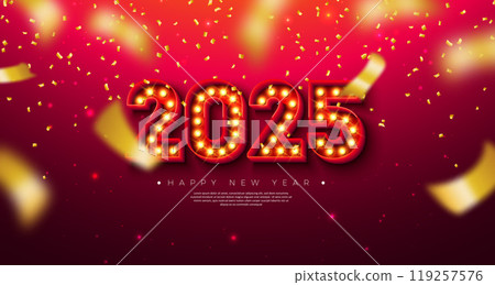 Happy New Year 2025 Illustration with 3d Glowing Light Bulb Billboard Typography Lettering and Falling Confetti on Red Background. Holiday Design for Party Flyer, Celebration Banner, Greeting Card Happy New Year 2025 Illustration with 3d Glowing Light Bulb Billboard Typography Lettering and Falling Confetti on Red Background. Holiday Design for Party Flyer, Celebration Banner, Greeting Card 119257576