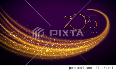 Happy New Year 2025 Illustration with Golden Number and Shiny Gold Wave Design Element on Dark Background. Vector Christmas Holiday Season Design for Flyer, Greeting Card, Banner, Celebration Poster Happy New Year 2025 Illustration with Golden Number and Shiny Gold Wave Design Element on Dark Background. Vector Christmas Holiday Season Design for Flyer, Greeting Card, Banner, Celebration Poster 119257581