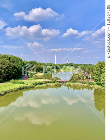 晴朗的秋日,藍天上漂浮棉花雲的水鏡<愛知健康森林公園(三三廣場/豬內之池)/愛知縣大府市> 晴朗的秋日,藍天上漂浮棉花雲的水鏡<愛知健康森林公園(三三廣場/豬內之池)/愛知縣大府市> 119257589