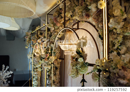Great place for evening wedding ceremony. Large crystal lamps decorate the location 119257592