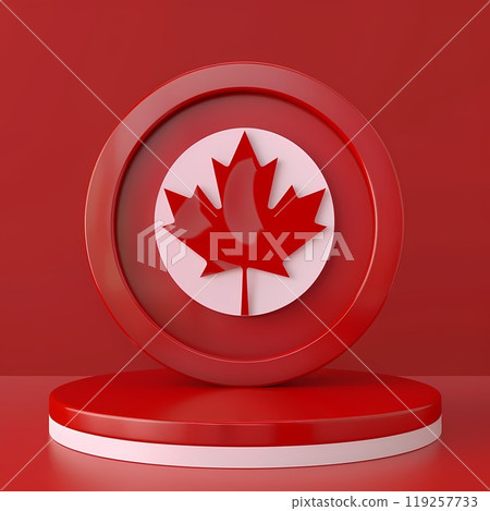 Red 3D podium for product demonstration with the Canadian maple leaf emblem. Empty platform for a product or advertisement in Canada Red 3D podium for product demonstration with the Canadian maple leaf emblem. Empty platform for a product or advertisement in Canada 119257733