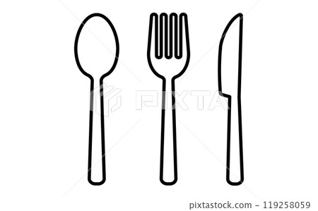 Fork, knife and spoon line drawing illustration Fork, knife and spoon line drawing illustration 119258059
