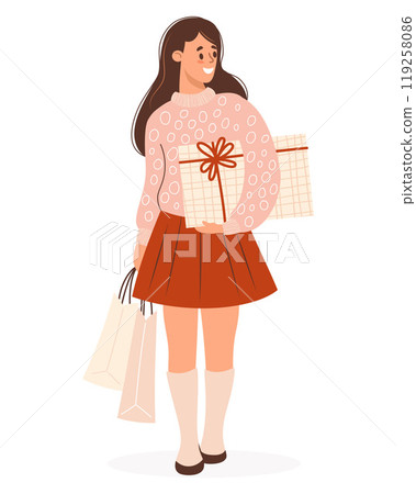 Shopping. Happy cute woman in sweater with packages and gift. Holiday shopper character, seasonal lifestyle. Vector illustration. Consumerism, purchase concept, Black Friday and sale, birthday. Shopping. Happy cute woman in sweater with packages and gift. Holiday shopper character, seasonal lifestyle. Vector illustration. Consumerism, purchase concept, Black Friday and sale, birthday. 119258086