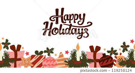 Festive  vector illustration with holiday elements including gifts, candles, ornaments and Happy Holidays text. Perfect for greeting cards, seasonal designs, and winter celebrations. 119258124
