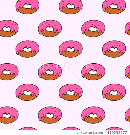 Vector seamless pattern with donuts pink glaze and sprinkles. Vector Flat illustration. Vector seamless pattern with donuts pink glaze and sprinkles. Vector Flat illustration. 119258277