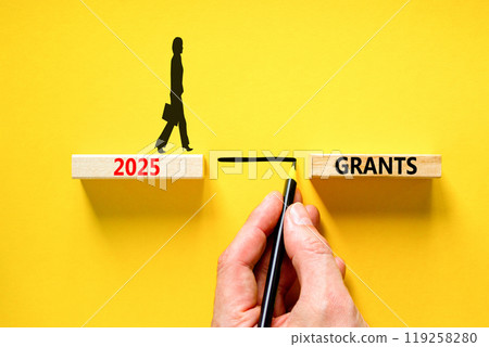 Planning 2025 grants new year symbol. Concept words 2025 Grants on beautiful wooden blocks. Beautiful yellow background. Businesswoman hand. Business 2025 grants new year concept. Copy space. 119258280