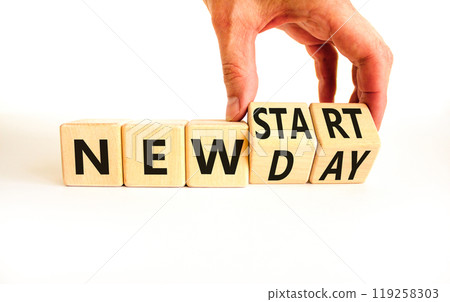 New day and start symbol. Concept word New day New start on beautiful wooden cubes. Beautiful white table white background. Businessman hand. Business new day and start concept. Copy space. 119258303