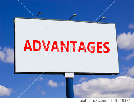 Advantages symbol. Concept word Advantages on beautiful big white road sign. Beautiful blue sky and clouds background. Business advantages concept. Copy space. 119258325