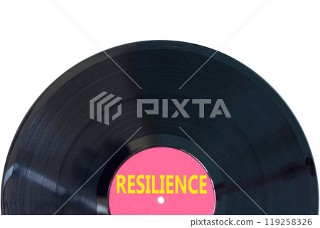 Resilience symbol. Concept word Resilience on beautiful black purple vinyl disk. Beautiful white background. Business resilience concept. Copy space. 119258326