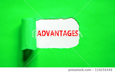 Advantages symbol. Concept word Advantages on beautiful white paper. Beautiful green paper background. Business advantages concept. Copy space. Advantages symbol. Concept word Advantages on beautiful white paper. Beautiful green paper background. Business advantages concept. Copy space. 119258348