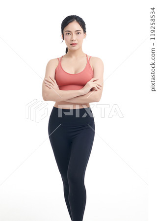Beautiful young asian sport woman with sportswear ready for exercise on white background, Advertising sportswear and yoga wear, Healthy lifestyle, sport. 119258534