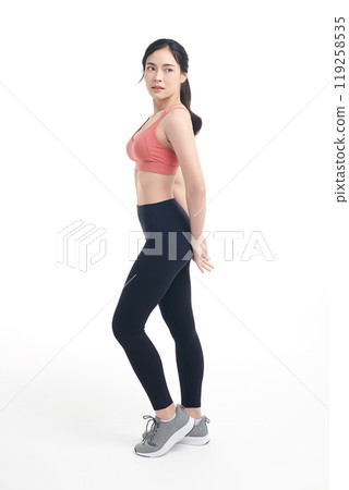 Beautiful young asian sport woman with sportswear ready for exercise on white background, Advertising sportswear and yoga wear, Healthy lifestyle, sport. Beautiful young asian sport woman with sportswear ready for exercise on white background, Advertising sportswear and yoga wear, Healthy lifestyle, sport. 119258535