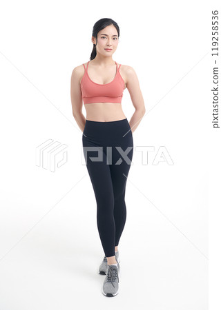 Beautiful young asian sport woman with sportswear ready for exercise on white background, Advertising sportswear and yoga wear, Healthy lifestyle, sport. Beautiful young asian sport woman with sportswear ready for exercise on white background, Advertising sportswear and yoga wear, Healthy lifestyle, sport. 119258536