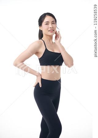 Beautiful young asian sport woman with sportswear ready for exercise on white background, Advertising sportswear and yoga wear, Healthy lifestyle, sport. 119258539