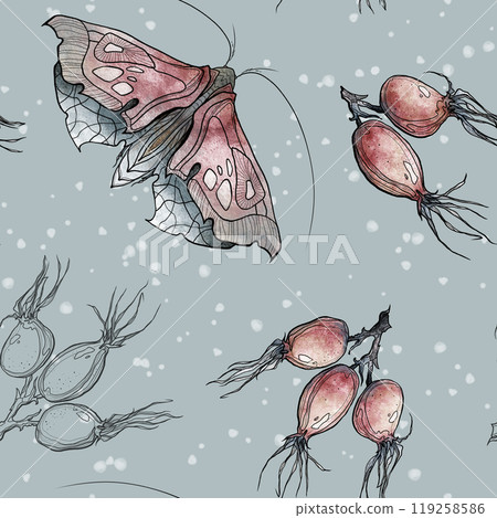 Stylish geometric rosehip and butterfly pattern Stylish geometric rosehip and butterfly pattern 119258586