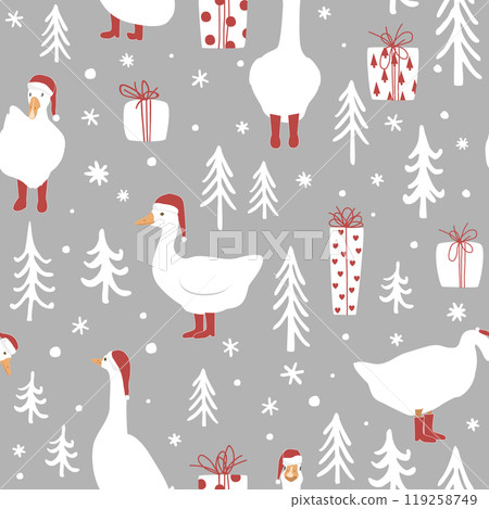 Seamless winter forest pattern with cute geese in Santa Claus hats and red boots. Merry Christmas vector background Seamless winter forest pattern with cute geese in Santa Claus hats and red boots. Merry Christmas vector background 119258749