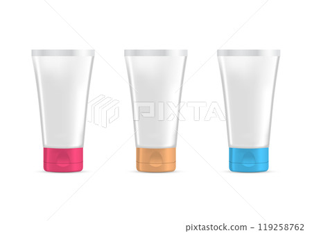 Set of white tubes with color caps. Realistic mockup. Gel serum, cream or lotion. Vector illustration. 119258762