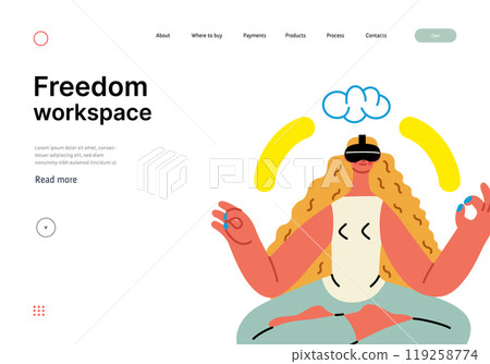 Creative workspace, modern flat vector concept illustration of a woman working sitting meditating with a computer Remote work, flexibility, independence, efficiency, mobility, synergy, freedom Creative workspace, modern flat vector concept illustration of a woman working sitting meditating with a computer Remote work, flexibility, independence, efficiency, mobility, synergy, freedom 119258774