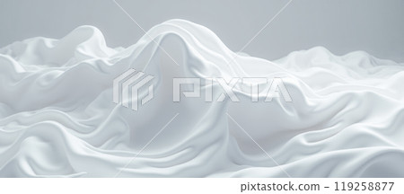 Elegant white silk fabric close-up with soft folds, luxurious smooth textile drapery, gentle curves and shadows in neutral lighting for background or design 119258877