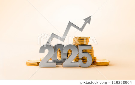 2025 year, Rising Graph Arrow, Stacked Gold Coins, Beige Background, Future Financial Success Symbol, Investment Increase Representation 119258904