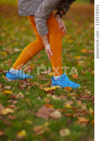 Stylish woman in fitness clothes in park having leg pain 119258931