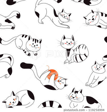 Seamless Pattern with funny cute cats in different poses. Vector illustration on white background with pets animals in line art Seamless Pattern with funny cute cats in different poses. Vector illustration on white background with pets animals in line art 119258994
