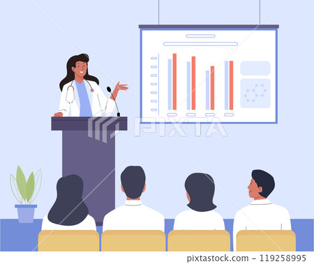 Medicine conference. Female doctor standing at podium and giving a speech for audience. Presentation medical scientific research 119258995