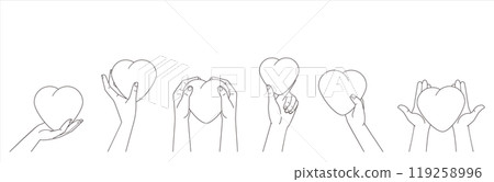 Human hands holding and giving hearts. Love symbols banner on white background. Vector illustration in outline 119258996