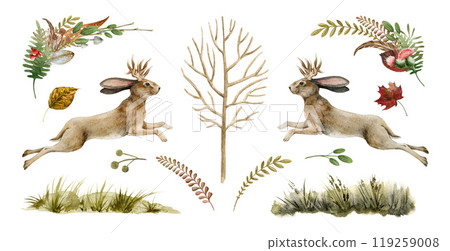 Autumn mood jumping jackalope decoration set. Hand drawn wild mythological folklore animal. Rabbit with horns vintage style illustration. Fall season running jackalope side view painted collection 119259008