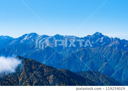 Climbing Mt. Karamatsu in autumn (view of Mt. Tateyama and Mt. Tsurugi from the summit of Mt. Karamatsu) 119259029