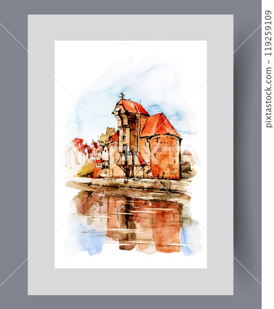 Antique architecture on river bank with building reflected in water on wall art. Watercolor artwork Antique architecture on river bank with building reflected in water on wall art. Watercolor artwork 119259109