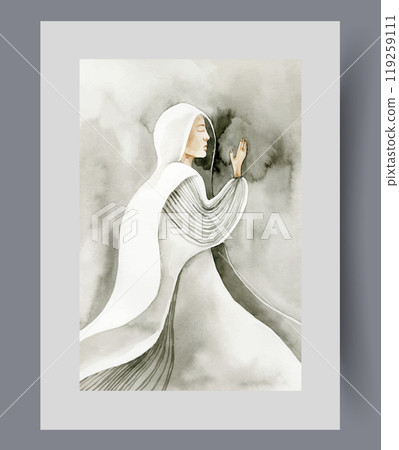 Praying woman is on knees raising palms to top located in dark on poster. Watercolor artwork Praying woman is on knees raising palms to top located in dark on poster. Watercolor artwork 119259111