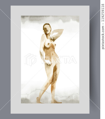 Naked woman takes erotic pose, proud of having beautiful body on print. Watercolor artwork Naked woman takes erotic pose, proud of having beautiful body on print. Watercolor artwork 119259118