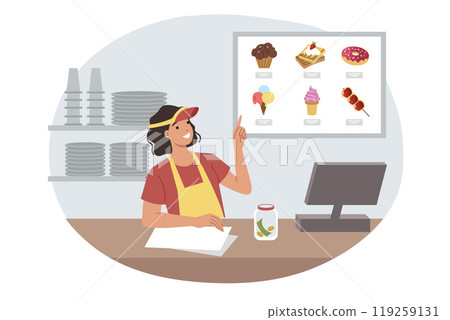 Woman seller of candy store demonstrates assortment of fresh desserts, stands near cash register  119259131