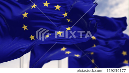 European Union flags waving in the wind on a clear day 119259177