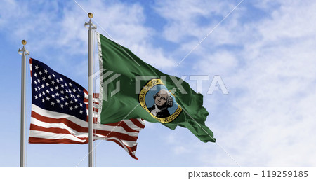 Washington state flags waving with the american flag 119259185