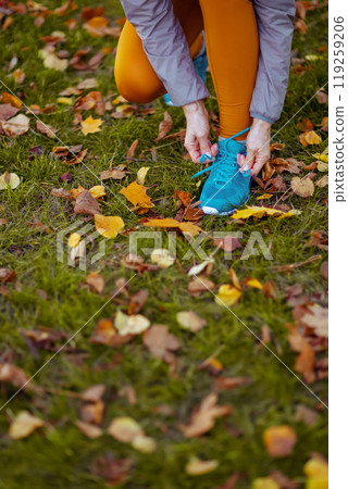 Elegant female in fitness clothes in park tying shoelaces 119259206