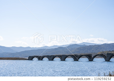 Taushubetsu River Bridge on the former Shihoro Line of the Japanese National Railways on a clear autumn day in Kamishihoro, Hokkaido 119259232