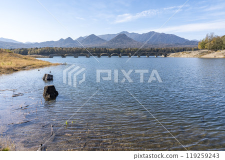 Taushubetsu River Bridge on the former Shihoro Line of the Japanese National Railways on a clear autumn day in Kamishihoro, Hokkaido Taushubetsu River Bridge on the former Shihoro Line of the Japanese National Railways on a clear autumn day in Kamishihoro, Hokkaido 119259243