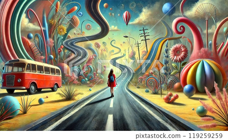 A figure walks down a winding, surreal road lined with colorful, whimsical shapes, balloons, and a red bus. Generated AI. A figure walks down a winding, surreal road lined with colorful, whimsical shapes, balloons, and a red bus. Generated AI. 119259259