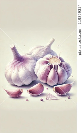 A detailed depiction of whole garlic bulbs and cloves, with soft purple tones and a minimalist background. Generated AI. 119259334
