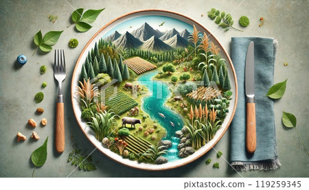 A miniature landscape with mountains, forests, farmlands, and a river is artistically arranged on a plate, surrounded by cutlery. Generated AI. A miniature landscape with mountains, forests, farmlands, and a river is artistically arranged on a plate, surrounded by cutlery. Generated AI. 119259345