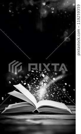 A black and white photo of an open book with sparkles, copy space A black and white photo of an open book with sparkles, copy space 119259359