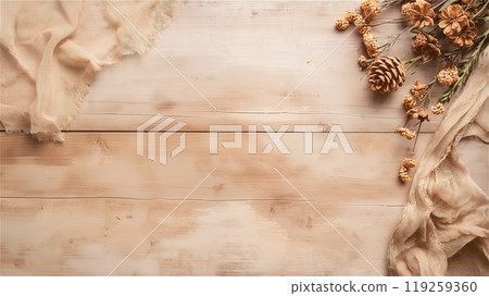 Wooden table decorated with dried flowers and pine cones, copy space. Wooden table decorated with dried flowers and pine cones, copy space. 119259360