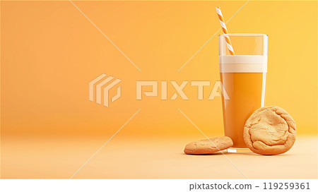 A glass of orange juice with a straw and two cookies, copy space 119259361