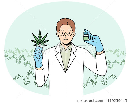 Man biologist with cannabis oil produced from narcotic plant, recommending legalization of marijuana Man biologist with cannabis oil produced from narcotic plant, recommending legalization of marijuana 119259445