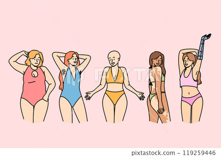 Variety women promote philosophy of body positivity while standing in underwear next to friends 119259446