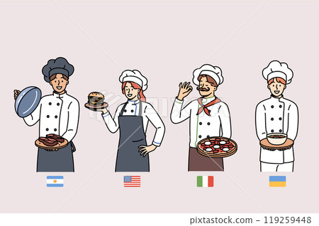 Group of chefs from different countries demonstrate delicious national dishes, standing near flags Group of chefs from different countries demonstrate delicious national dishes, standing near flags 119259448