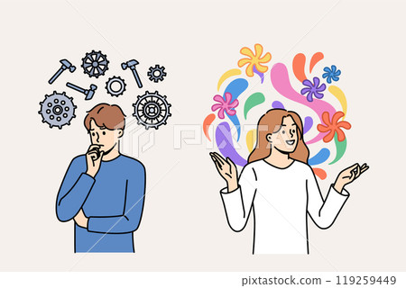 Pragmatic and creative thinking between two people using different ways of solving problems 119259449
